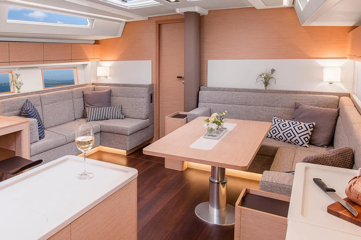 Salon of Playa, a Hanse 548 sailboat at Fethiye, Turkey