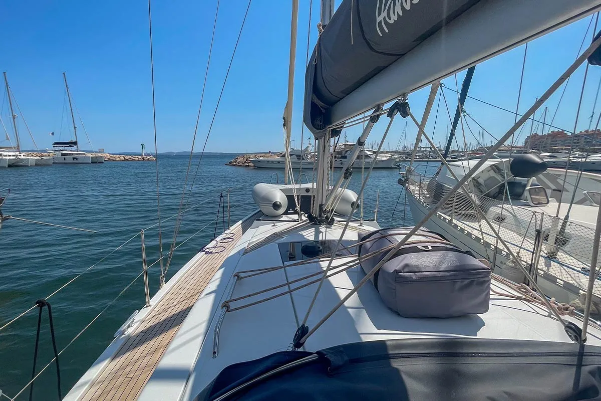 Deck of Maveric, a Hanse 348- 3 cab. sailboat at Hyères, France