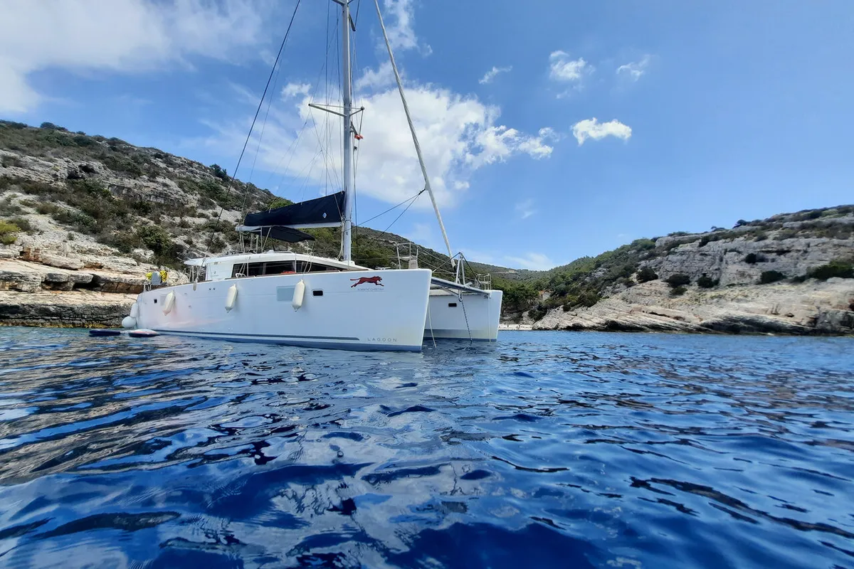 Exterior view of Adriatic Cheetah, a Lagoon 450 F catamaran at Grad Kaštela, Croatia