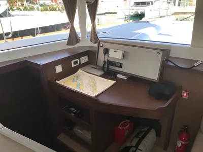 Cockpit of Adriatic Cheetah, a Lagoon 450 F catamaran at Grad Kaštela, Croatia