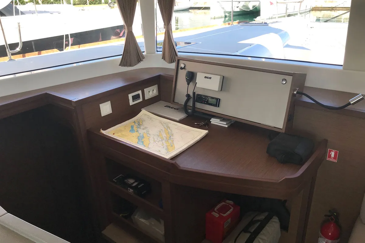 Cockpit of Adriatic Cheetah, a Lagoon 450 F catamaran at Grad Kaštela, Croatia