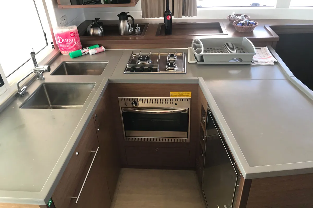 Galley of Adriatic Cheetah, a Lagoon 450 F catamaran at Grad Kaštela, Croatia