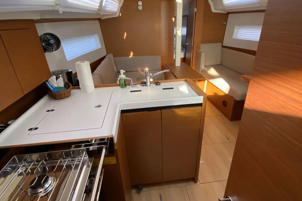 Galley of 4 elli, a Jeanneau Sun Odyssey 380 sailboat at Palma de Mallorca, Spain