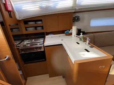 Galley of 4 elli, a Jeanneau Sun Odyssey 380 sailboat at Palma de Mallorca, Spain