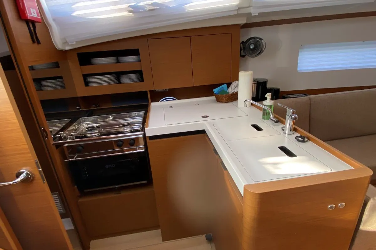 Galley of 4 elli, a Jeanneau Sun Odyssey 380 sailboat at Palma de Mallorca, Spain