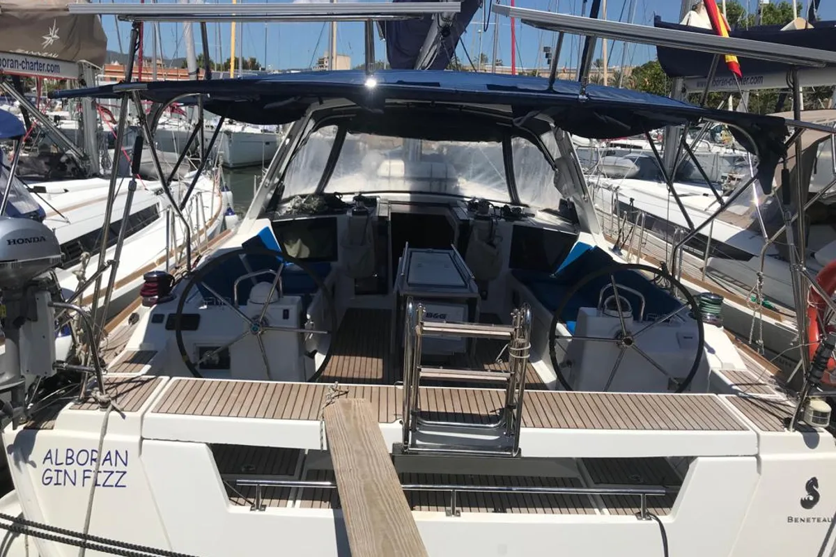 Exterior view of Alboran Gin Fizz, a Beneteau Oceanis 45 sailboat at es Jonquet, Spain
