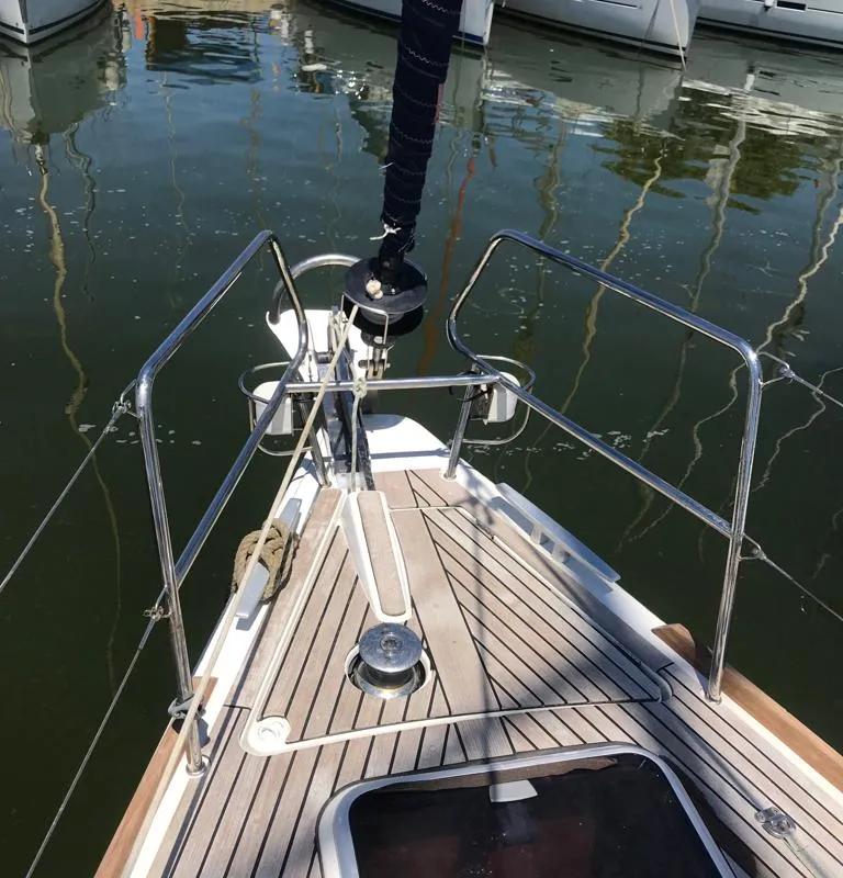 Deck of Alboran Gin Fizz, a Beneteau Oceanis 45 sailboat at es Jonquet, Spain