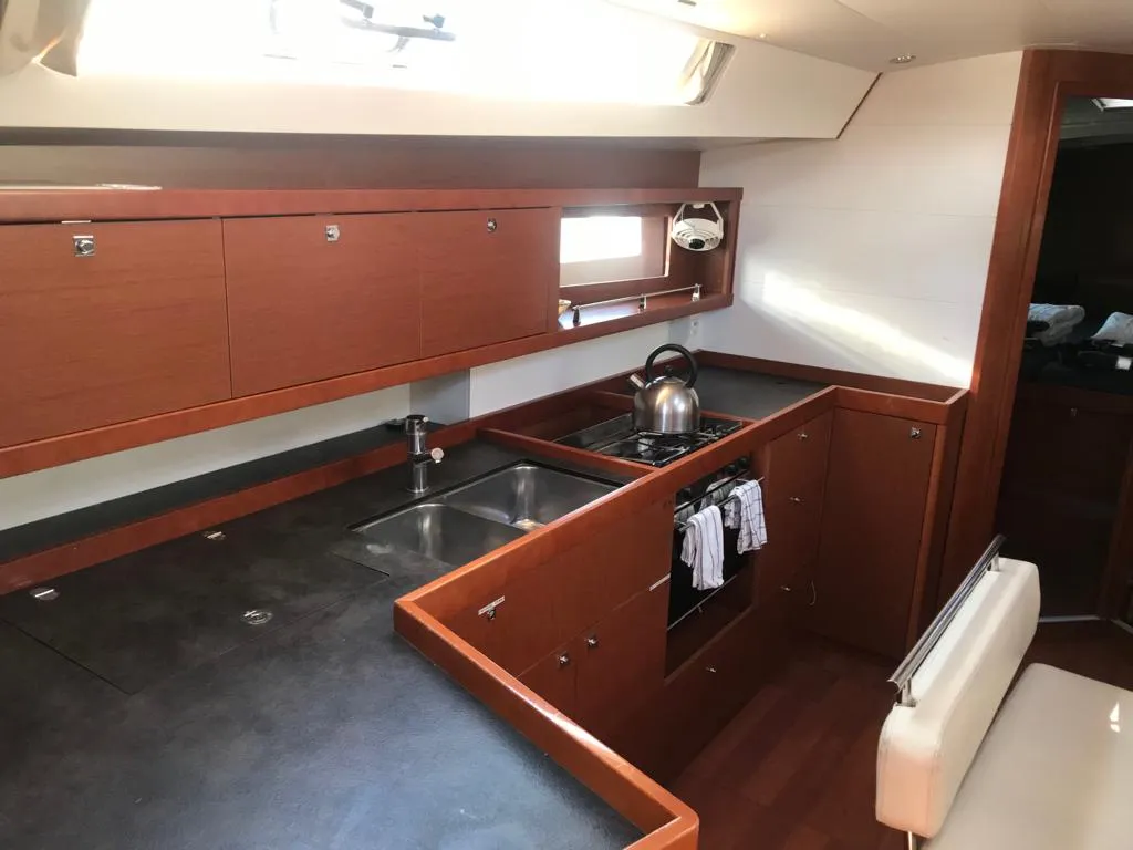 Galley of Alboran Gin Fizz, a Beneteau Oceanis 45 sailboat at es Jonquet, Spain
