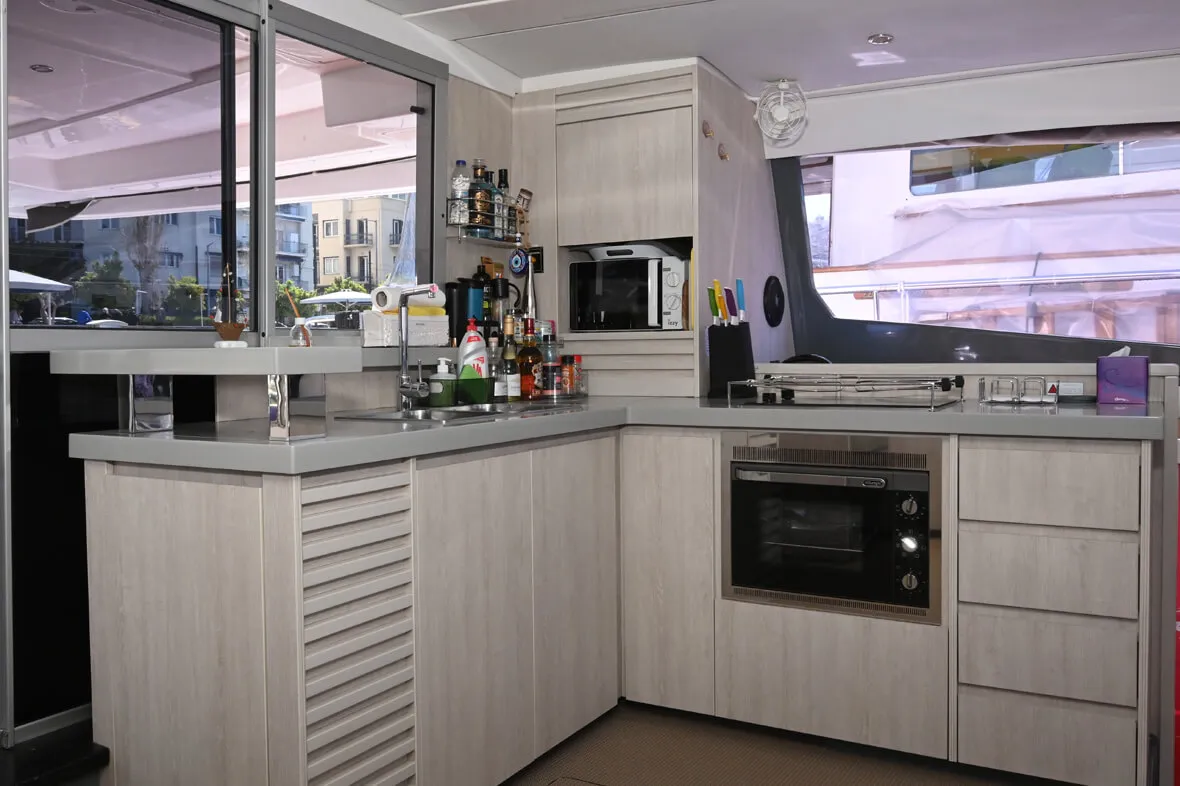 Salon of Paradise Sea, a Leopard 51 PC catamaran at Ellomenos, Greece