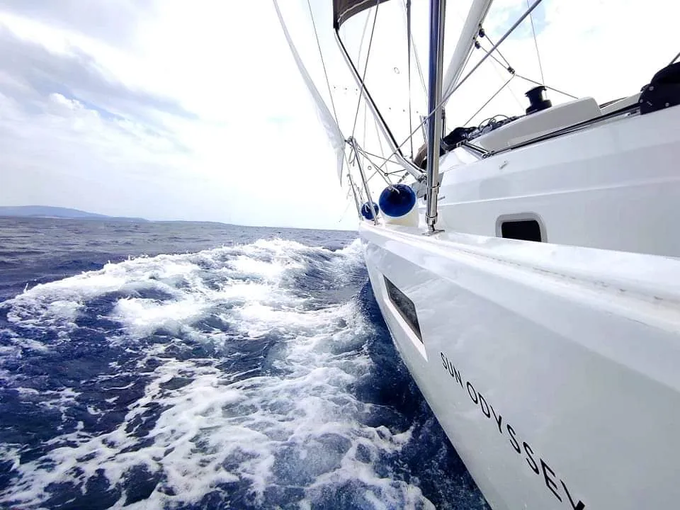 Exterior view of Evelyne, a Jeanneau Sun Odyssey 410 sailboat at Pirovac, Croatia