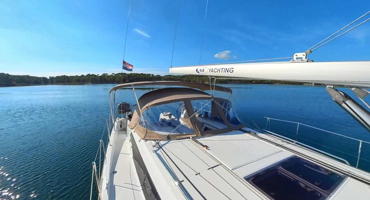 Deck of Evelyne, a Jeanneau Sun Odyssey 410 sailboat at Pirovac, Croatia