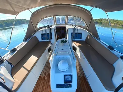 Cockpit of Evelyne, a Jeanneau Sun Odyssey 410 sailboat at Pirovac, Croatia
