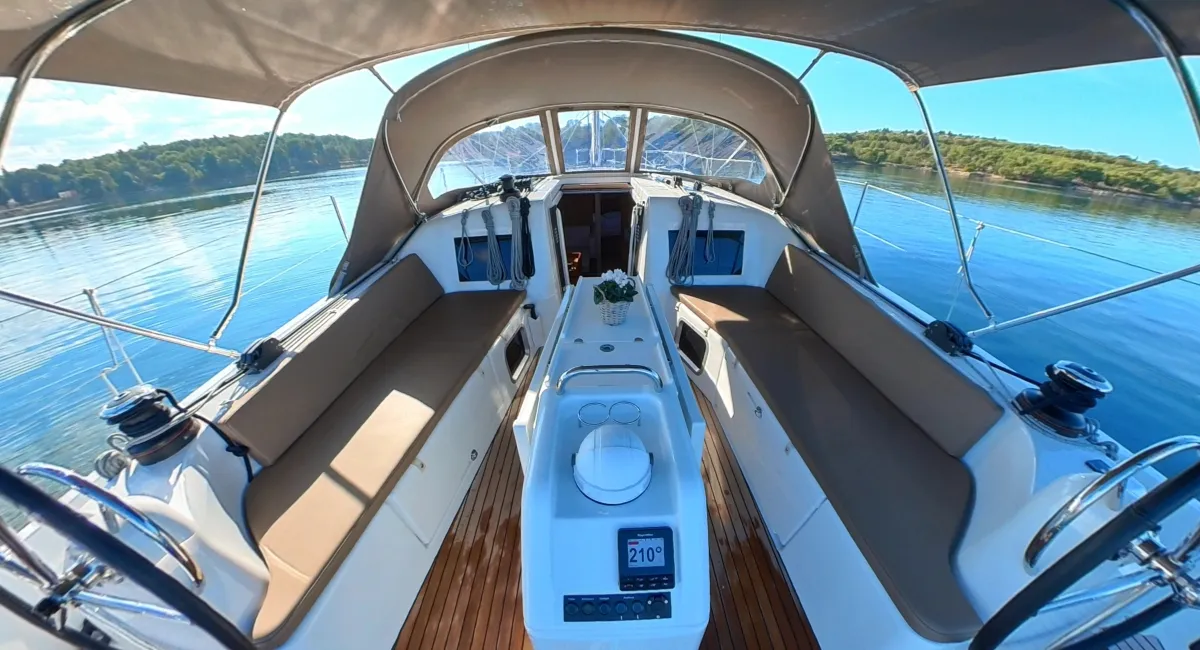 Cockpit of Evelyne, a Jeanneau Sun Odyssey 410 sailboat at Pirovac, Croatia