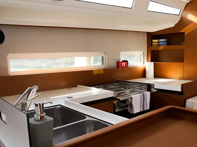 Galley of Evelyne, a Jeanneau Sun Odyssey 410 sailboat at Pirovac, Croatia