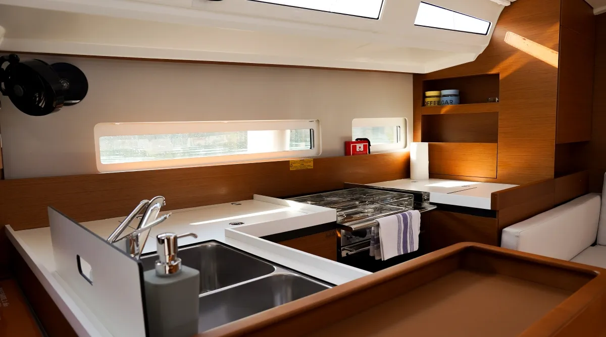 Galley of Evelyne, a Jeanneau Sun Odyssey 410 sailboat at Pirovac, Croatia
