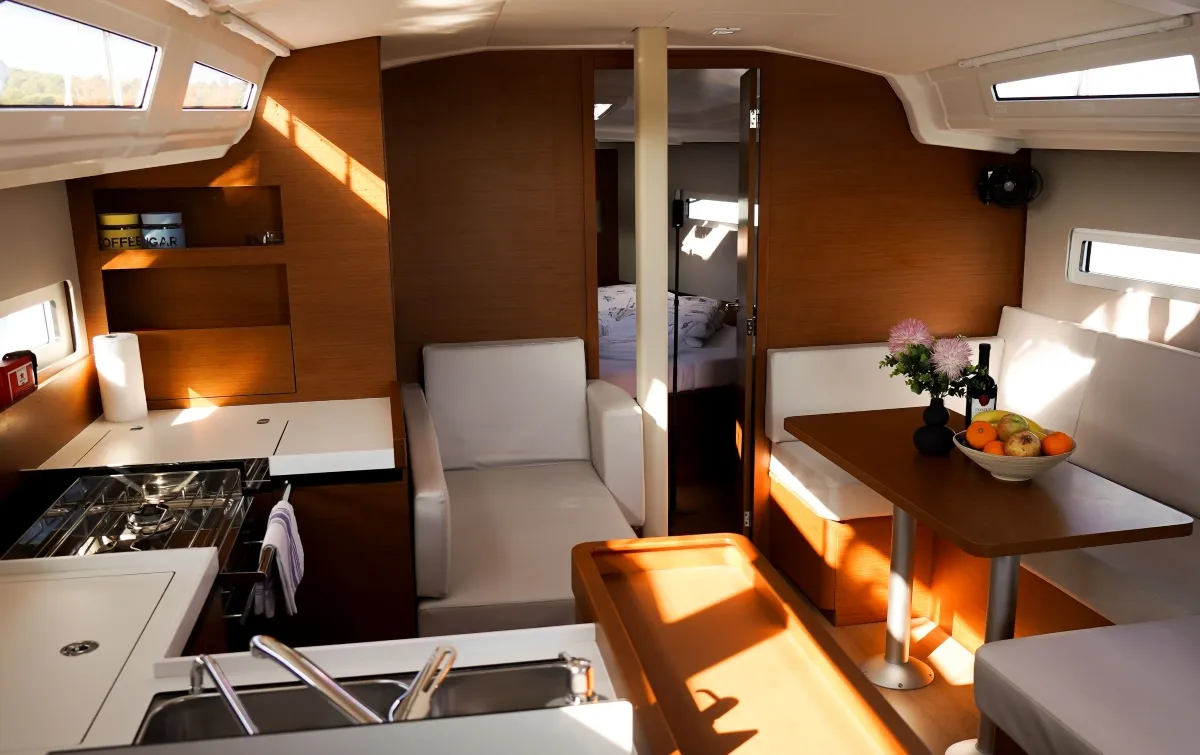 Salon of Evelyne, a Jeanneau Sun Odyssey 410 sailboat at Pirovac, Croatia