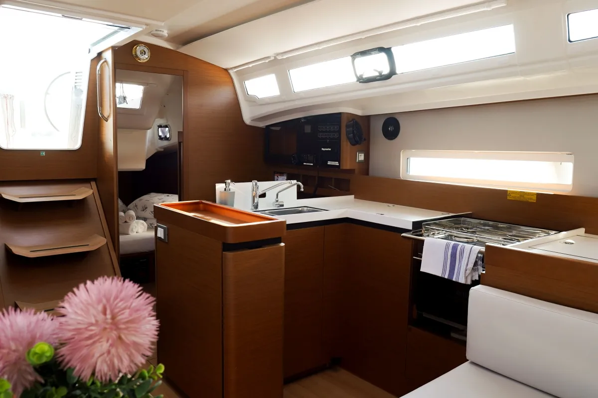 Galley of Evelyne, a Jeanneau Sun Odyssey 410 sailboat at Pirovac, Croatia