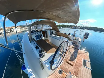 Deck of Evelyne, a Jeanneau Sun Odyssey 410 sailboat at Pirovac, Croatia
