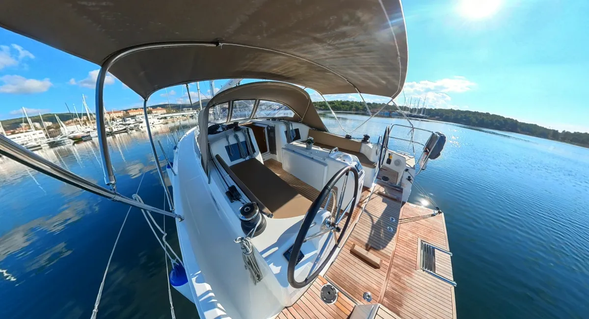Deck of Evelyne, a Jeanneau Sun Odyssey 410 sailboat at Pirovac, Croatia