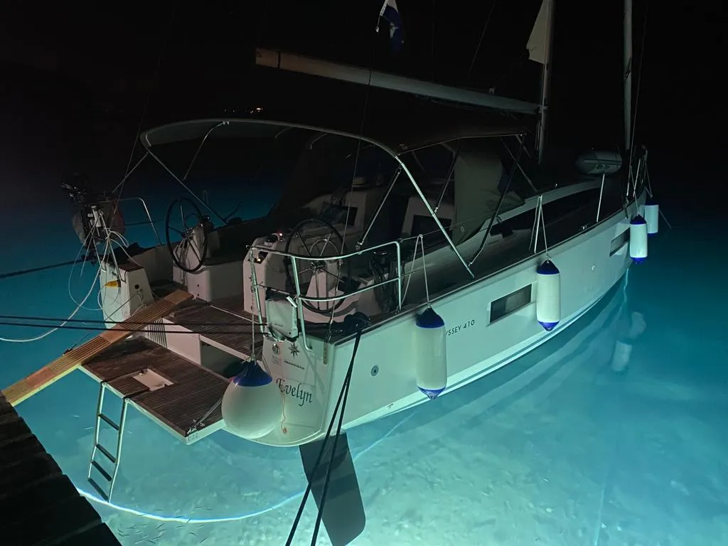 Exterior view of Evelyne, a Jeanneau Sun Odyssey 410 sailboat at Pirovac, Croatia