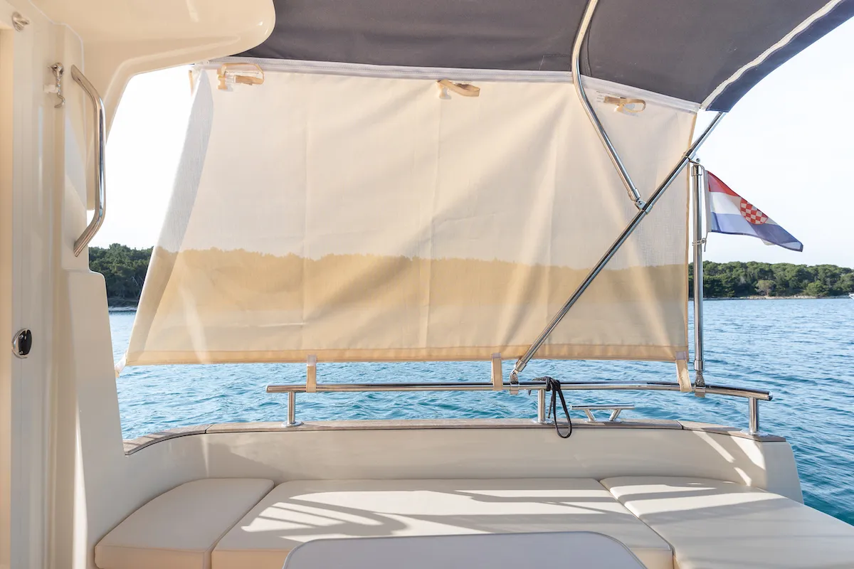 Deck of Bonaca, a Leidi 660 motorboat at Grad Pula, Croatia