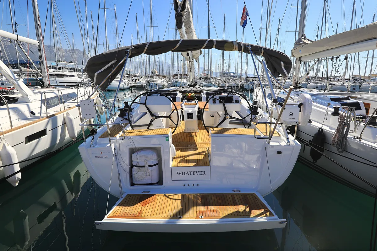 Exterior view of Whatever, a Hanse 458 sailboat at Grad Kaštela, Croatia