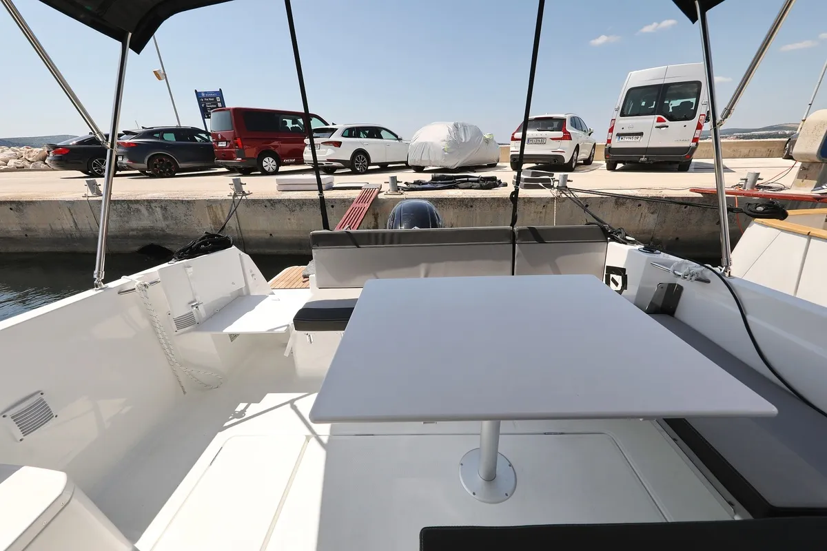 Deck of Frida, a Jeanneau Merry Fisher 795 motorboat at Grad Biograd na Moru, Croatia