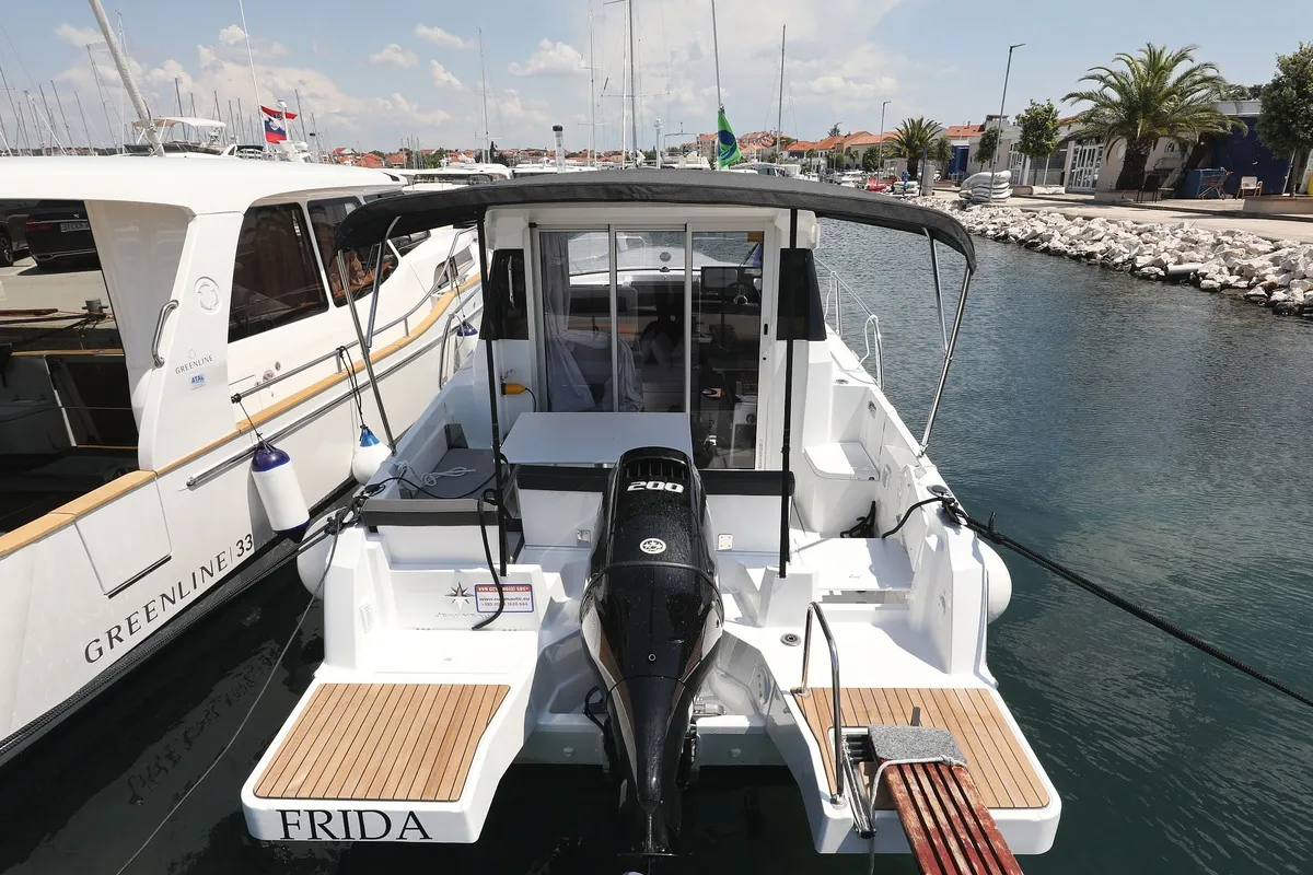 Deck of Frida, a Jeanneau Merry Fisher 795 motorboat at Grad Biograd na Moru, Croatia