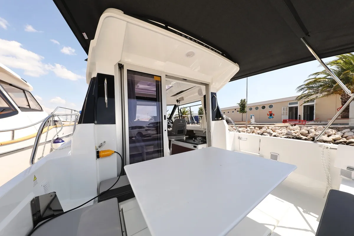 Deck of Frida, a Jeanneau Merry Fisher 795 motorboat at Grad Biograd na Moru, Croatia