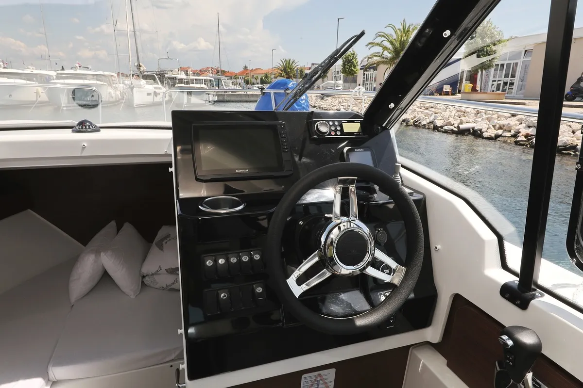 Cockpit of Frida, a Jeanneau Merry Fisher 795 motorboat at Grad Biograd na Moru, Croatia