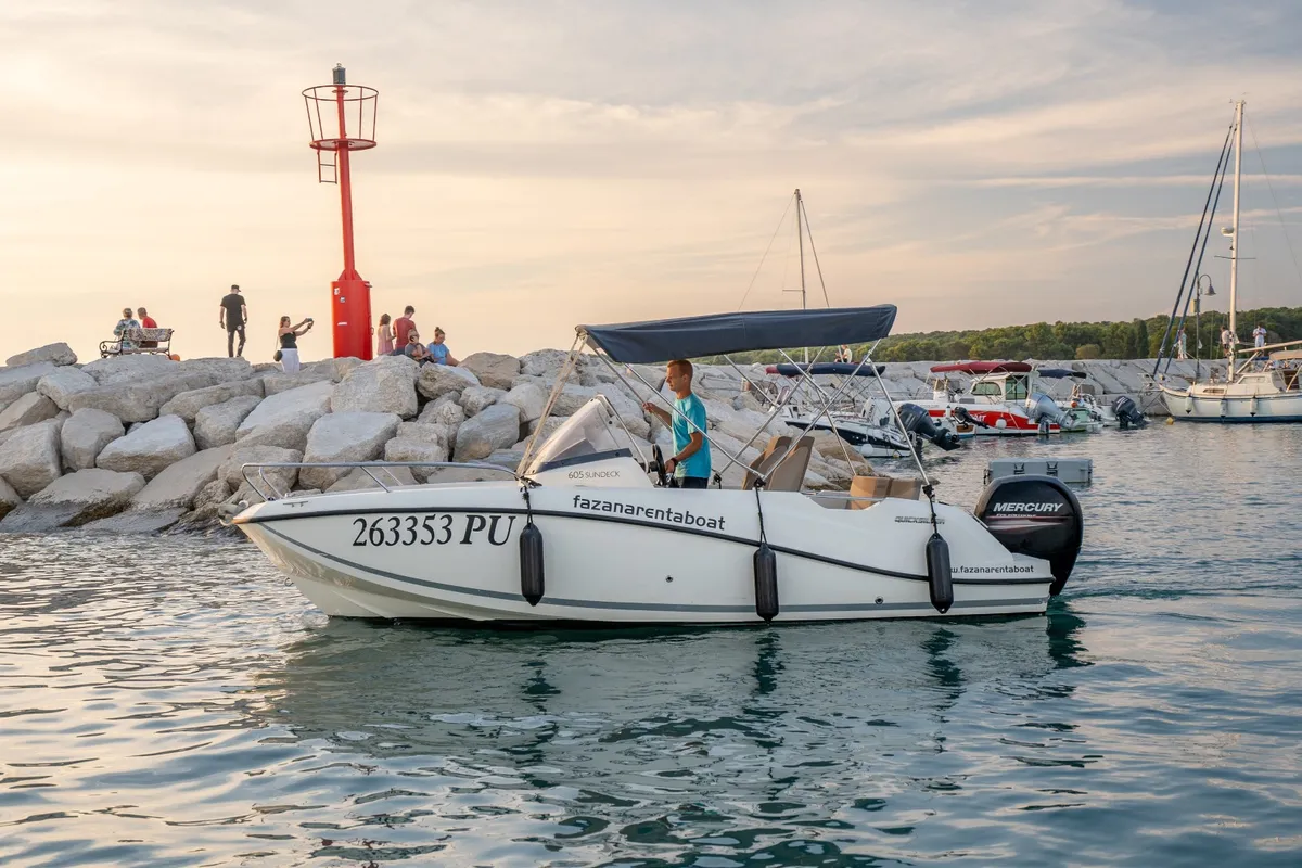 Exterior view of Quicksilver, a Quicksilver 605 Sundeck motorboat at Valbandon, Croatia