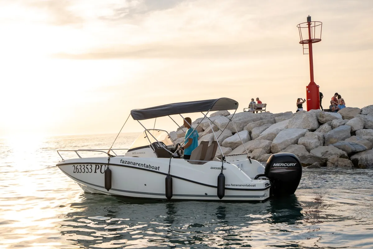 Exterior view of Quicksilver, a Quicksilver 605 Sundeck motorboat at Valbandon, Croatia