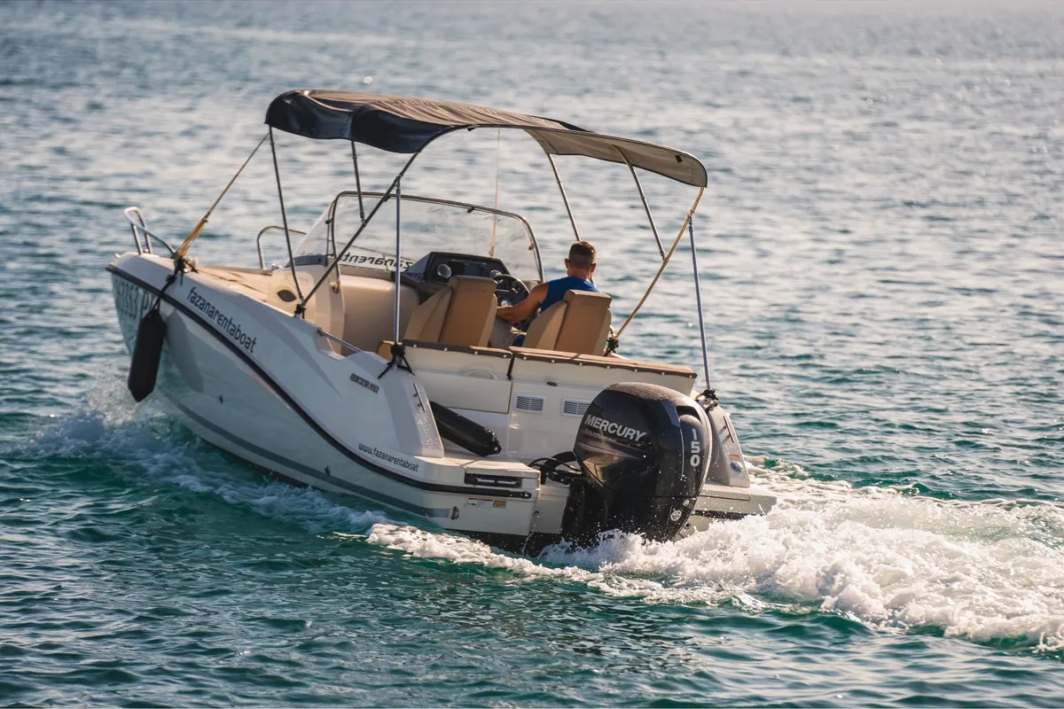 Cockpit of Quicksilver, a Quicksilver 605 Sundeck motorboat at Valbandon, Croatia