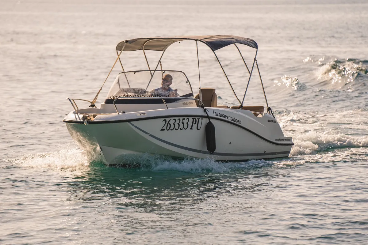 Exterior view of Quicksilver, a Quicksilver 605 Sundeck motorboat at Valbandon, Croatia