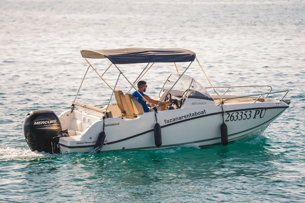 Exterior view of Quicksilver, a Quicksilver 605 Sundeck motorboat at Valbandon, Croatia