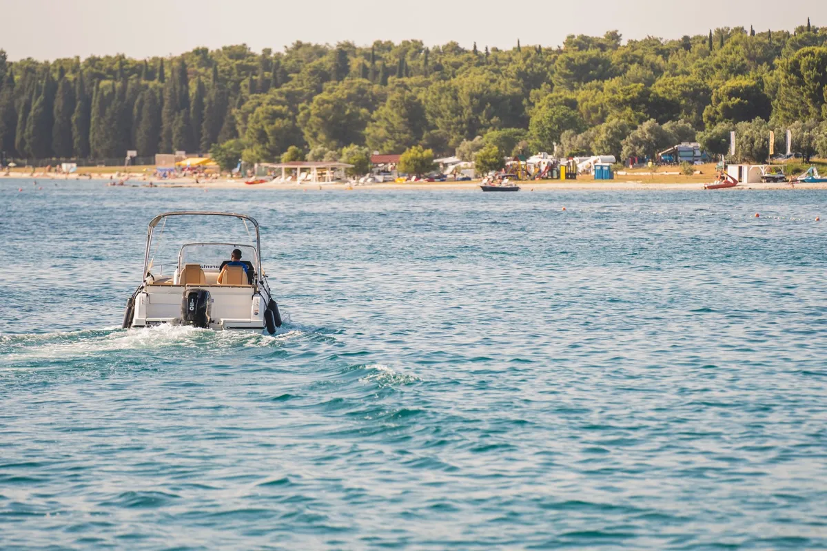 Exterior view of Quicksilver, a Quicksilver 605 Sundeck motorboat at Valbandon, Croatia