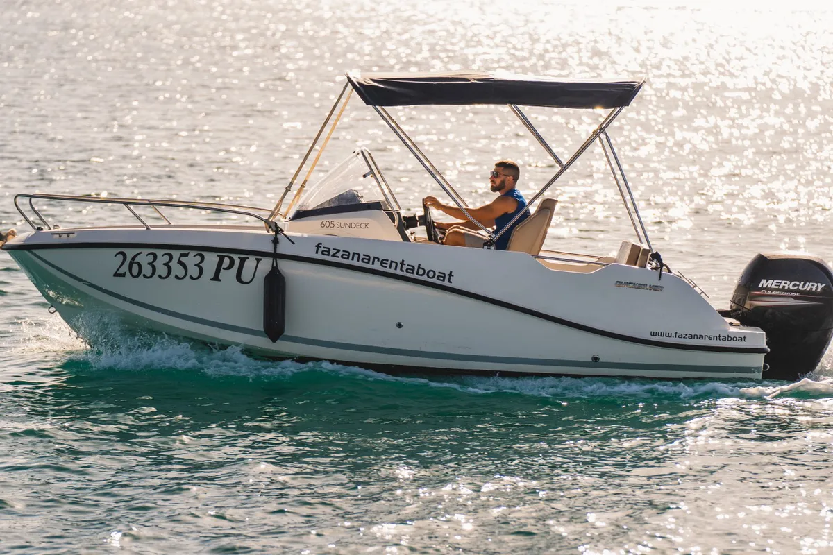 Exterior view of Quicksilver, a Quicksilver 605 Sundeck motorboat at Valbandon, Croatia