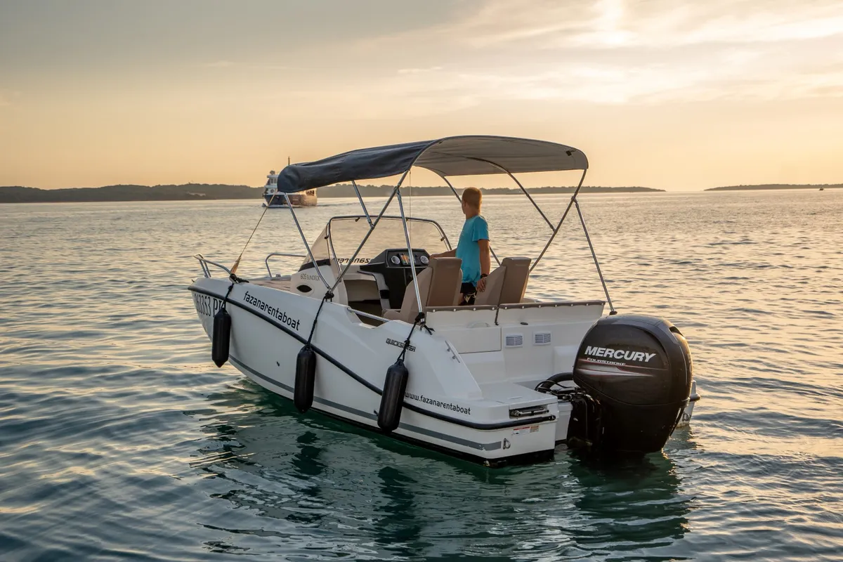 Exterior view of Quicksilver, a Quicksilver 605 Sundeck motorboat at Valbandon, Croatia