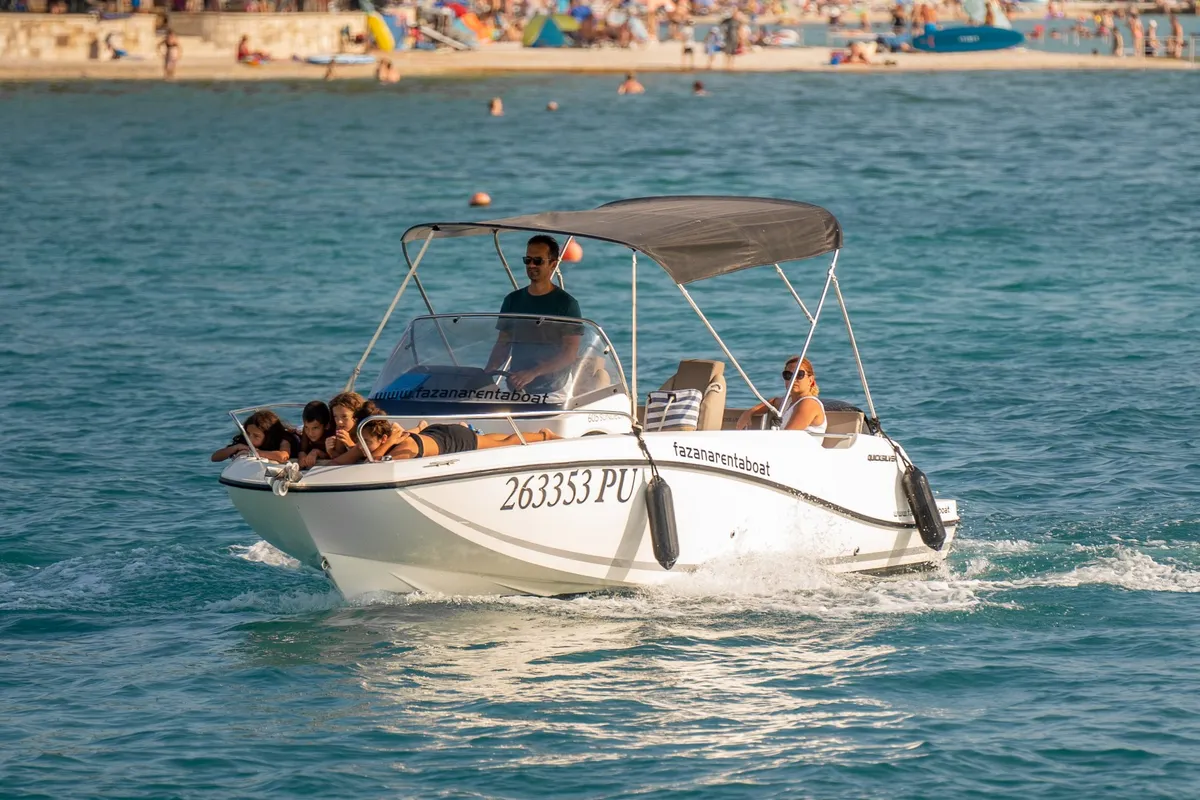 Exterior view of Quicksilver, a Quicksilver 605 Sundeck motorboat at Valbandon, Croatia