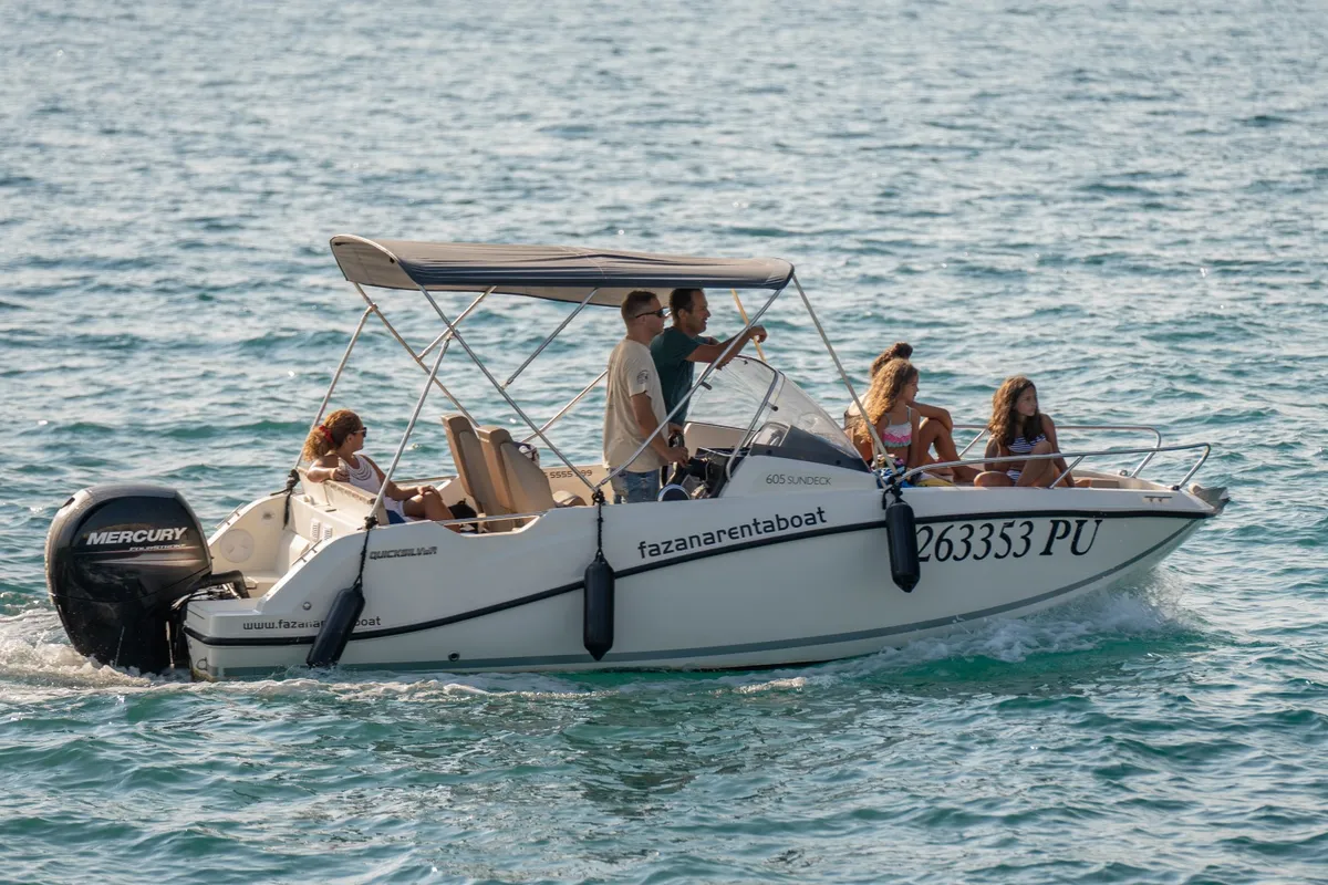 Exterior view of Quicksilver, a Quicksilver 605 Sundeck motorboat at Valbandon, Croatia