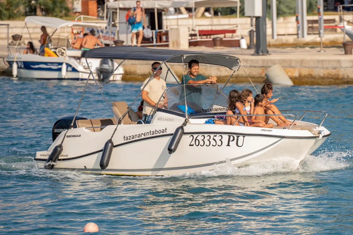 Exterior view of Quicksilver, a Quicksilver 605 Sundeck motorboat at Valbandon, Croatia
