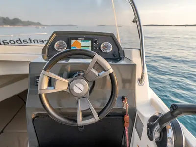 Cockpit of Quicksilver, a Quicksilver 605 Sundeck motorboat at Valbandon, Croatia