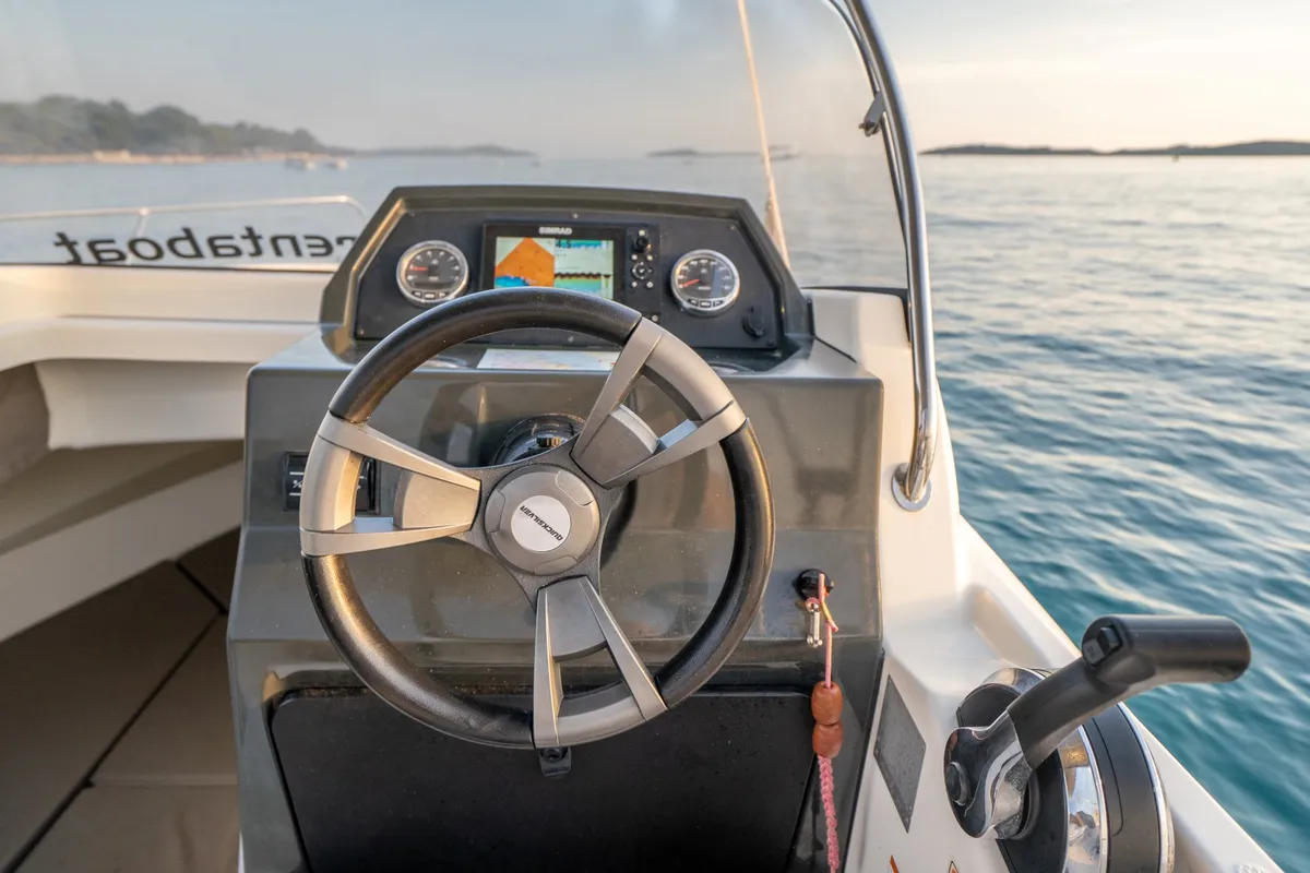 Cockpit of Quicksilver, a Quicksilver 605 Sundeck motorboat at Valbandon, Croatia