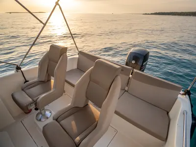 Deck of Quicksilver, a Quicksilver 605 Sundeck motorboat at Valbandon, Croatia