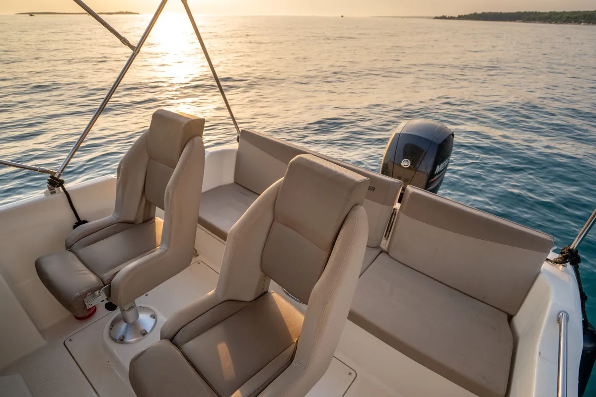 Deck of Quicksilver, a Quicksilver 605 Sundeck motorboat at Valbandon, Croatia