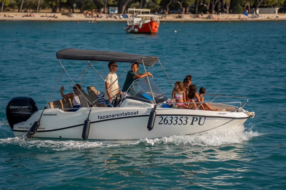 Exterior view of Quicksilver, a Quicksilver 605 Sundeck motorboat at Valbandon, Croatia