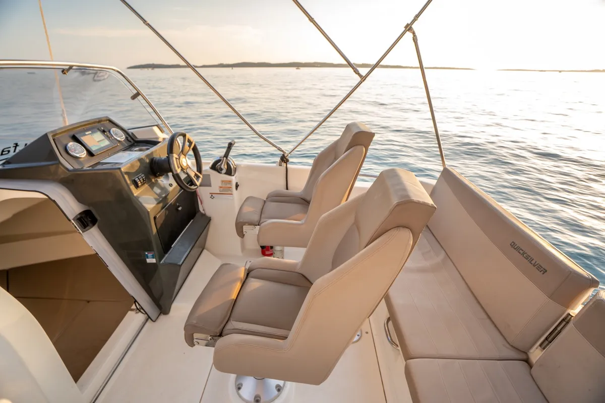 Deck of Quicksilver, a Quicksilver 605 Sundeck motorboat at Valbandon, Croatia
