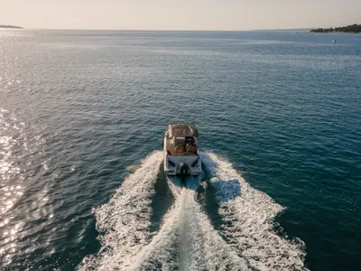 Exterior view of Quicksilver, a Quicksilver 605 Sundeck motorboat at Valbandon, Croatia