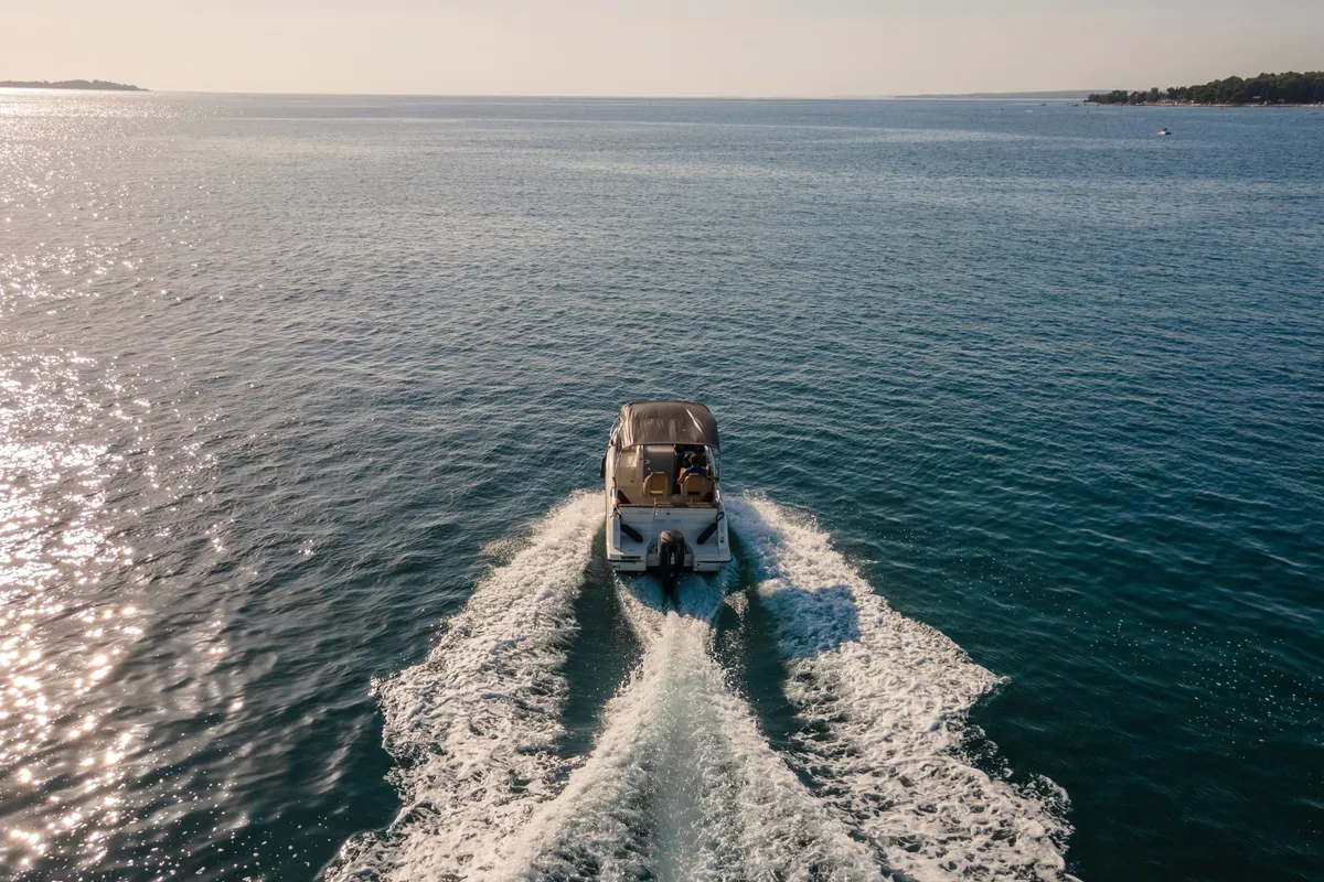 Exterior view of Quicksilver, a Quicksilver 605 Sundeck motorboat at Valbandon, Croatia