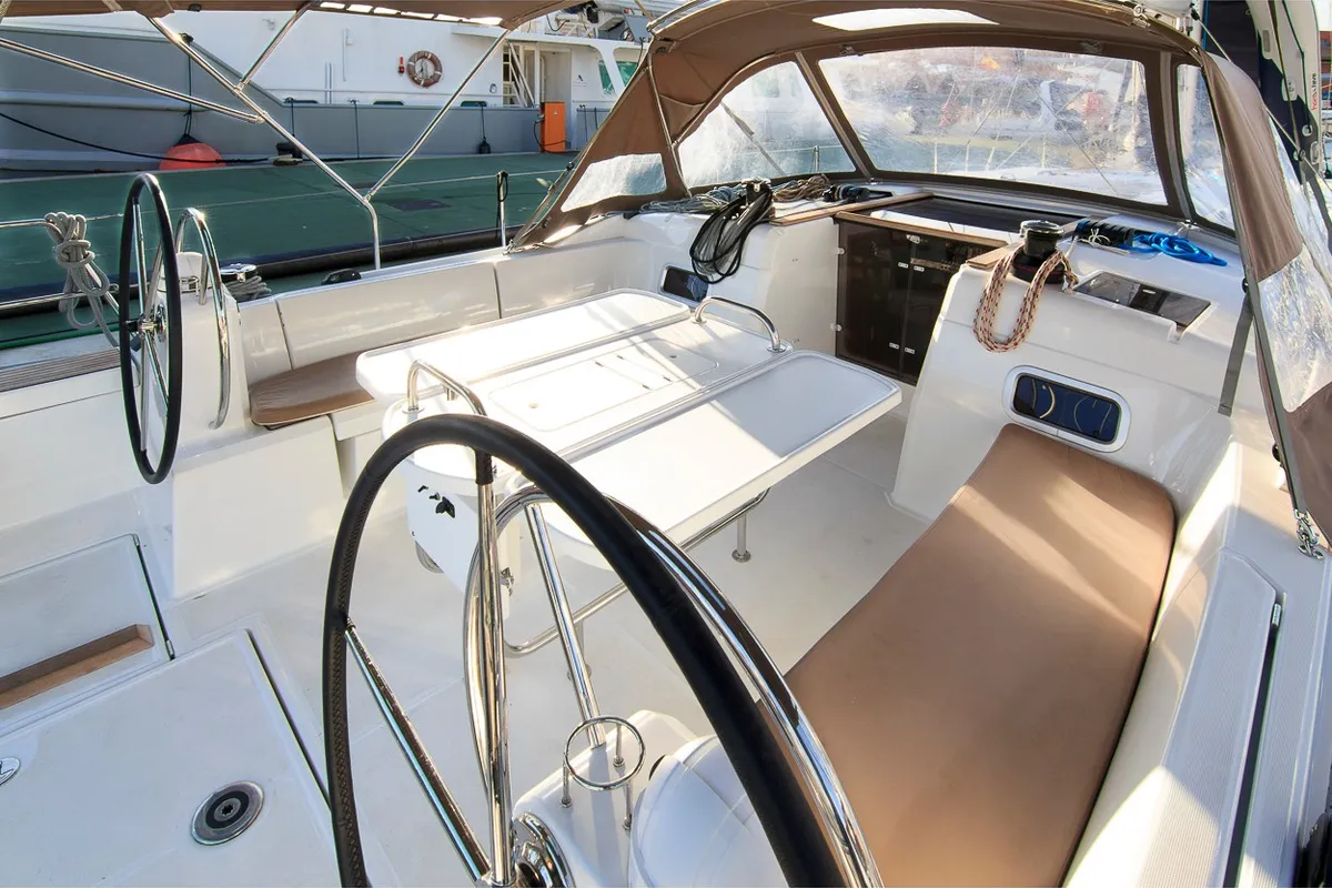 Cockpit of Te Fiti, a Jeanneau Sun Odyssey 519 sailboat at es Jonquet, Spain